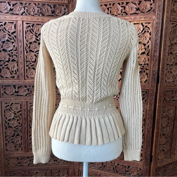 Vintage Adorable Cream Crochet Knit Button-Front Sweater with Drawstring Waist - Picture 4 of 7
